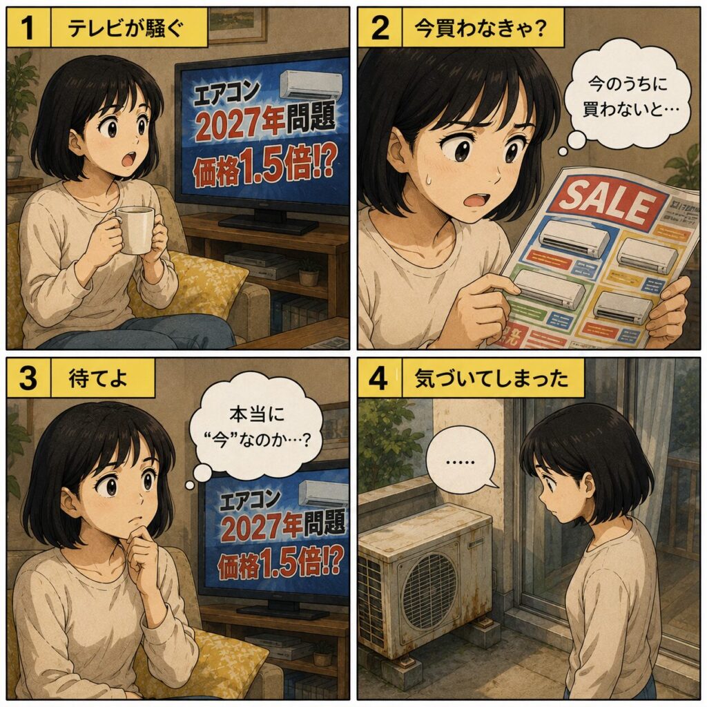 エアコン2027年問題のニュースを見て慌てて買い替えようとした女性が、古くて錆びた室外機の傷みに気づく4コマ漫画