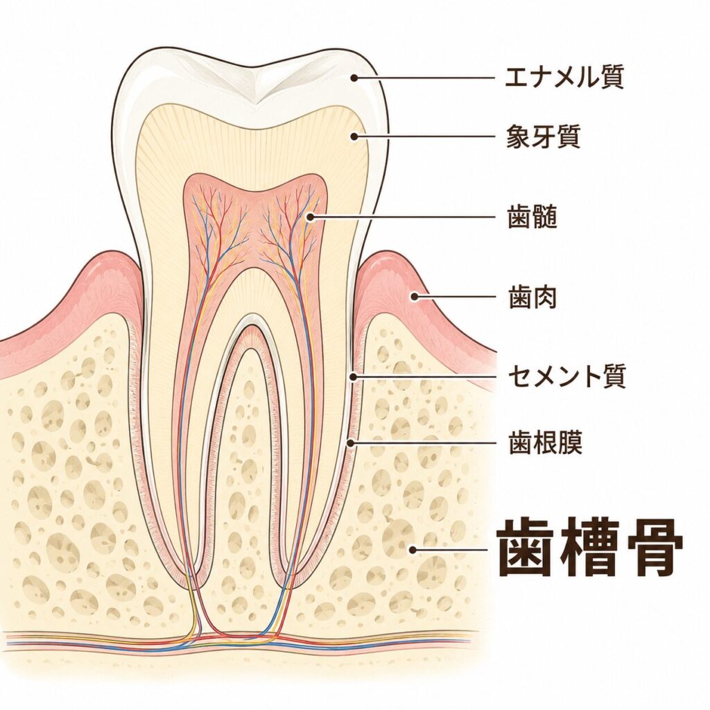 歯の断面図。歯槽骨は歯の根を支える土台の骨