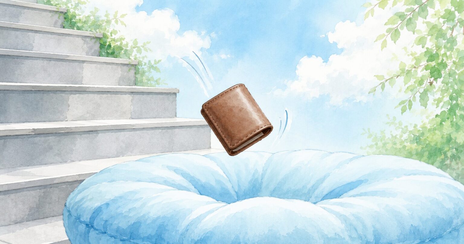 階段から落ちた財布を、大きなクッションが受け止めているイラスト