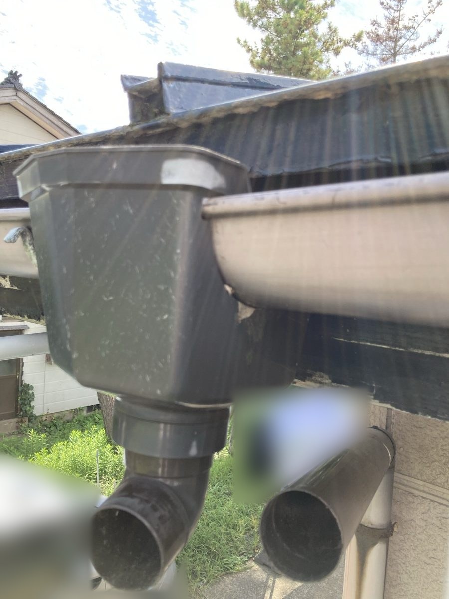 雨どいの集水器と、その下の縦樋