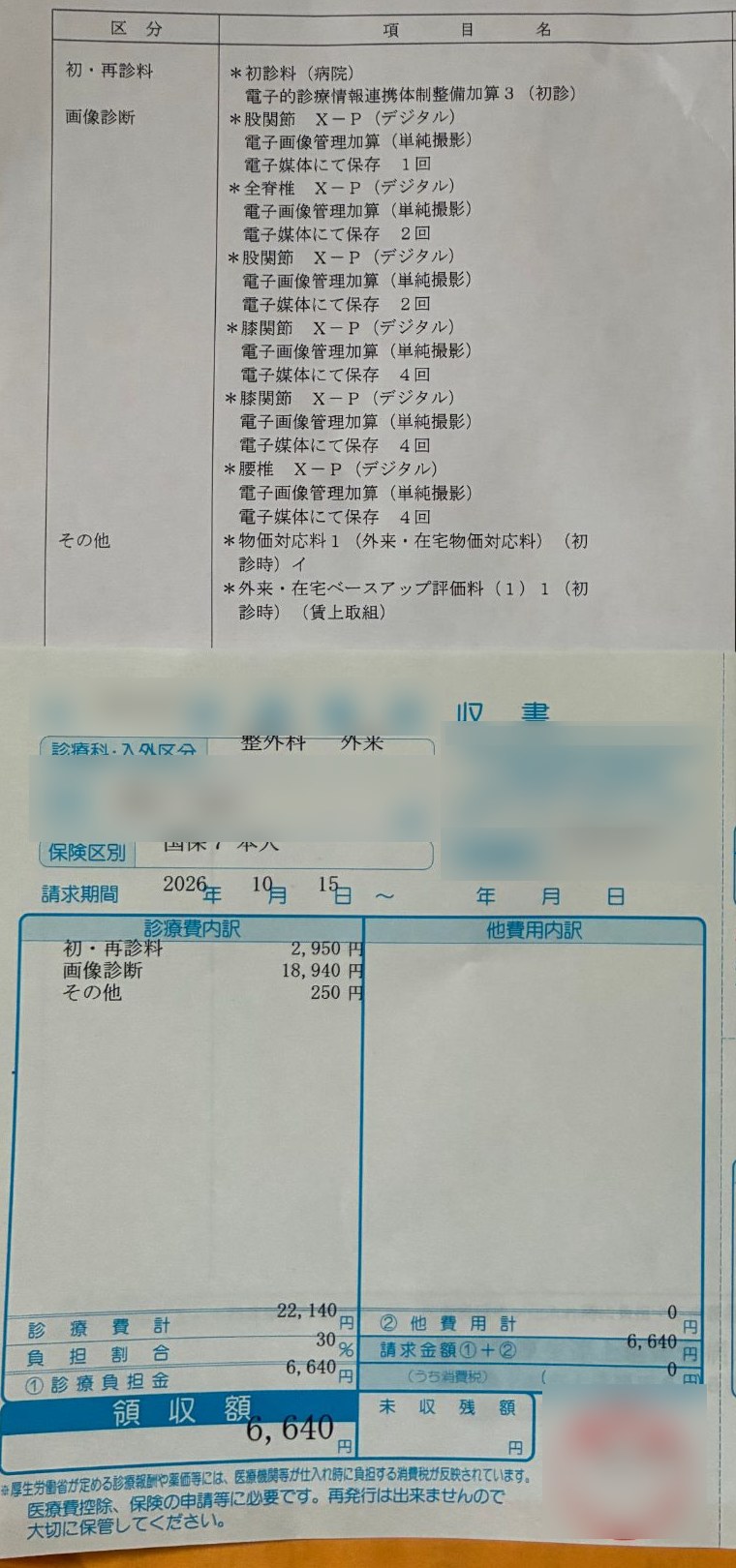 整形外科の初診の診療明細と領収書。領収額6,640円